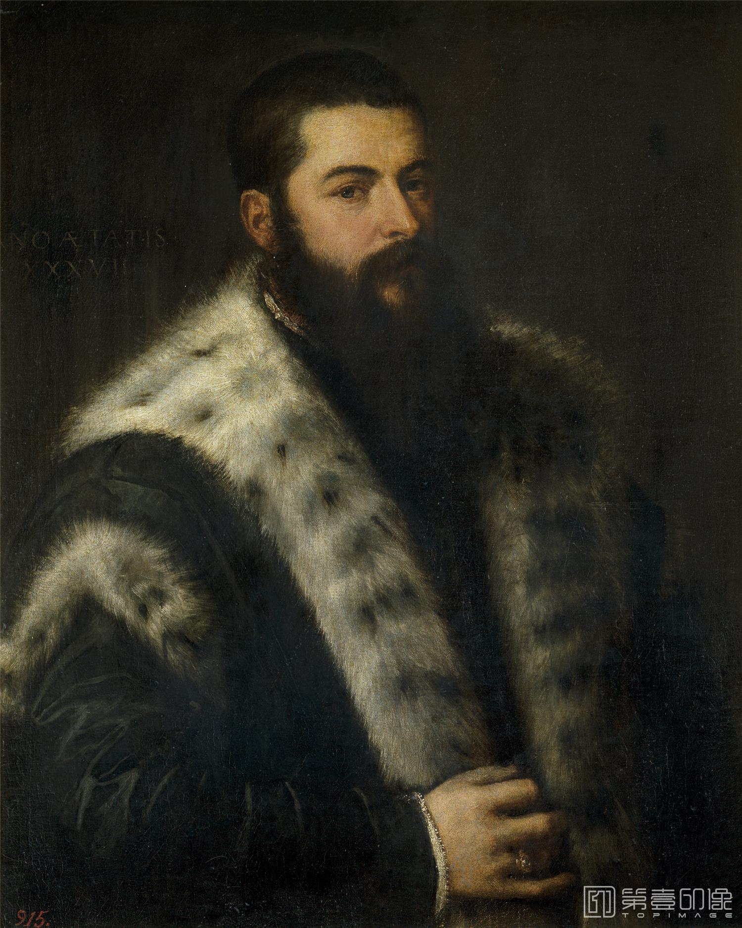 油画-西班牙普拉多美术馆油画藏画-Anónimo (Círculo de Tiziano, Vecellio di Gregorio)-El hombre del cuello de armiños-81cm x 68cm-0050